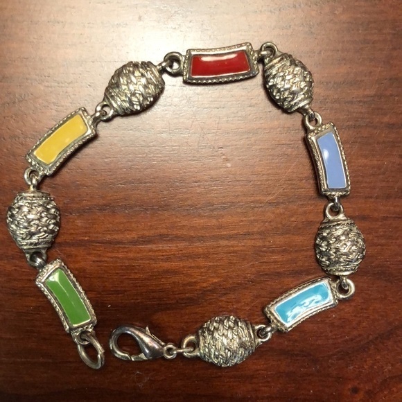 Silver Bead with Multi Colored Stone Bracelet - Picture 1 of 11